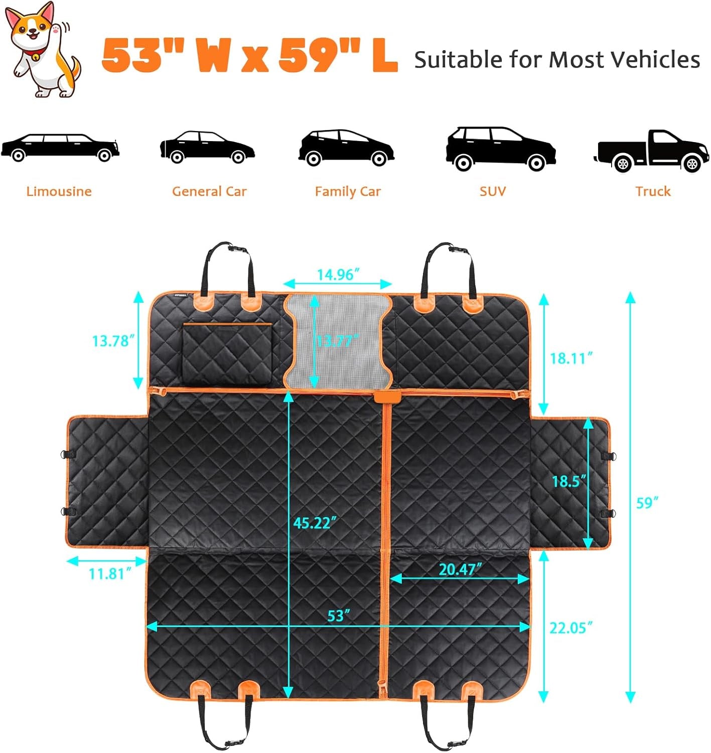 6-In-1 Dog Car Seat Cover for Back Seat, Waterproof Dog Car Hammock with Mesh Window, Non-Slip Pet Backseat Protector for Cars, Trucks and Suvs